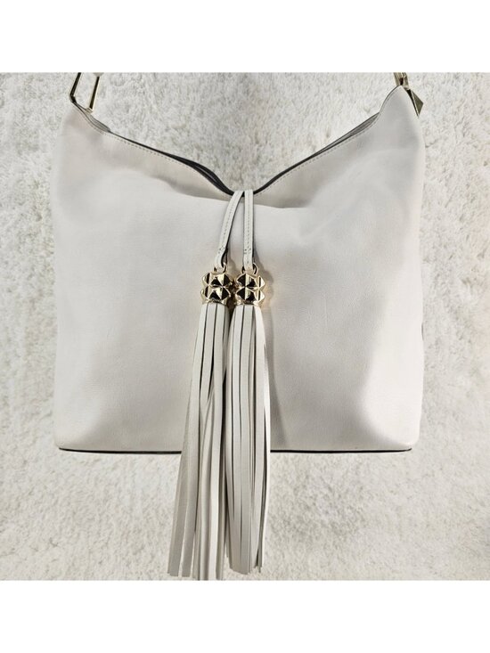Karl Lagerfeld Handbags - KARL LAGERFELD PARIS White Smooth Leather Hobo Shoulder Bag with Tassel Closure